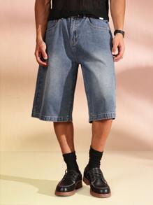 SUMWON 高腰阔腿牛仔短裤复古宽松溜冰风格百慕大长度宽松版型 Y2K 时尚春夏街头服饰 - 藍色 - 查看 5
