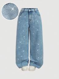 SHEIN MOD Jeans oversize lavati con decorazioni in diamanti, vestibilità morbida, pantaloni fluidi da donna per la Festa della Mamma, stile estivo, streetwear Y2K, adatti per club, laurea, aeroporto, stile old money