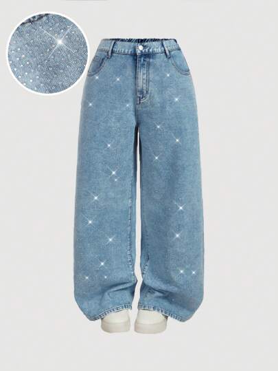 SHEIN MOD Plus Size Washed Diamond Embellished Loose Fit Jeans Mother Day Summer Flowy Pants Y2k Streetwear Club Graduation Airport Old Money Style
