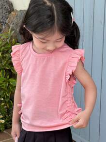 SHEIN 年轻女孩休闲简约荷叶边袖圆领背心，舒适贴身设计，适合夏季 - 粉色 - 查看 1