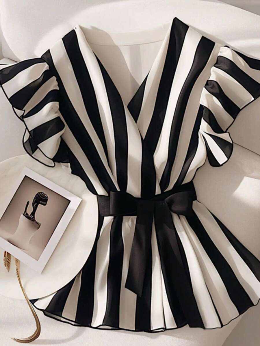 SHEIN Clasi 大码女式条纹荷叶边袖系带腰时尚衬衫