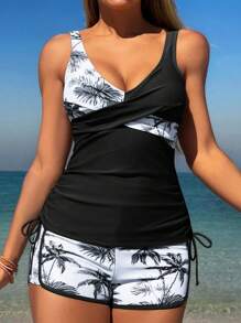 Swim Lushoire 春假女士沙滩度假热带植物印花休闲平角裤包容性吊带背心比基尼泳装 - 黑與白 - 查看 1