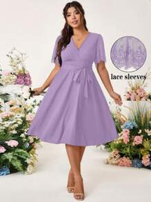 SHEIN Belle 女士优雅褶皱蕾丝拼接喇叭袖连衣裙，前系带腰带，后腰收腰 A 字形 - 紫色 - 查看 1