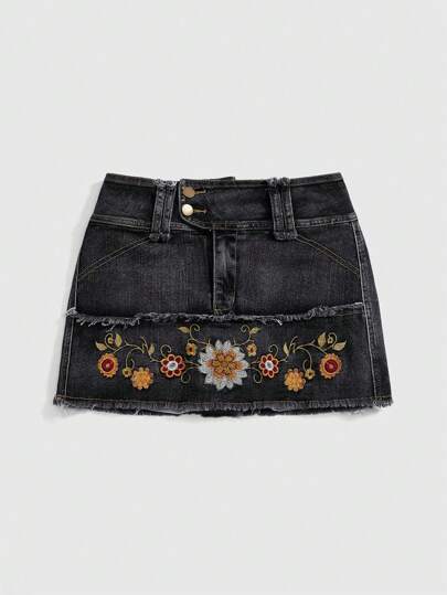 Fairycore Jupe mini en jean décontractée avec broderie florale et franges pour femmes