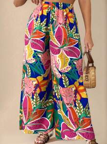 Travachic Quần ống rộng lưng thun in họa tiết cây nhiệt đới cỡ lớn cho nữ - Xanh đậm - Xem 6