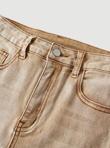 SHEIN Girlism 青少年女孩日常休闲水洗V口袋心形图案喇叭牛仔裤 - 卡其色 - 查看 3