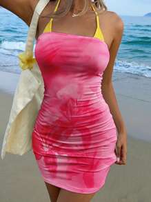 SHEIN EZwear Váy ngắn bó sát in hoa màu hồng phong cách nghỉ mát, mùa hè - Nhiều màu - Xem 5