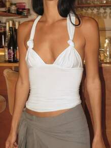 Bộ 2 chiếc/bộ đồ lót hở lưng màu trơn gợi cảm thắt nút xoắn dây mảnh cho nữ - Nhiều màu - Xem 5