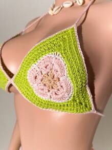 Slaydiva Green Floral,Summer,Boho,Vacation,Holiday Women 2Pcs Crochet Knit Swimsuit, Flower Pattern Triangle Bikini Top+Shorts,Music Festival Beach Party - Green - View 8