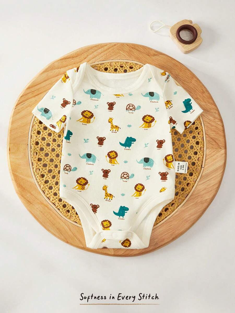 Cozy Pixies 新生女宝宝卡通动物印花柔软针织圆领短袖连体衣