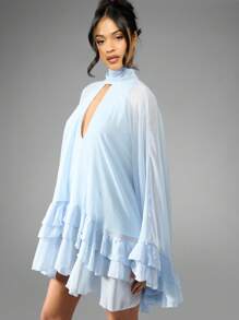 MISSGUIDED 雪纺披肩迷你连衣裙，荷叶边层叠袖，高领露背设计，优雅春夏婚礼宾客礼服 - 淺藍色 - 查看 7