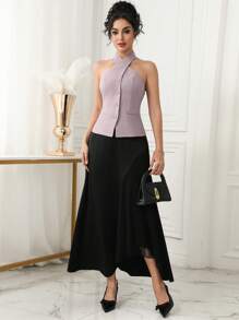 Modelyn 女式纯色前扣挂脖无袖休闲上衣，夏季