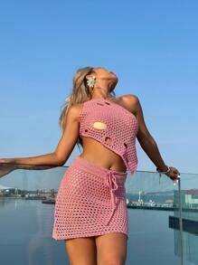 Women's 2pcs Vacation Solid Cutout Asymmetric Hem Sleeveless Cover Up And Maxi Skirt Set For Summer - Hot Pink - View 6