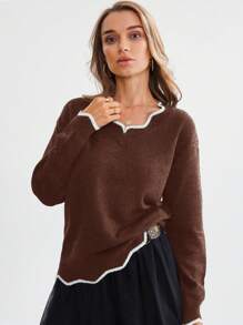 SHEIN LUNE 女士撞色镶边 V 领长袖套头衫、长袖上衣 - 鏽棕色 - 查看 5