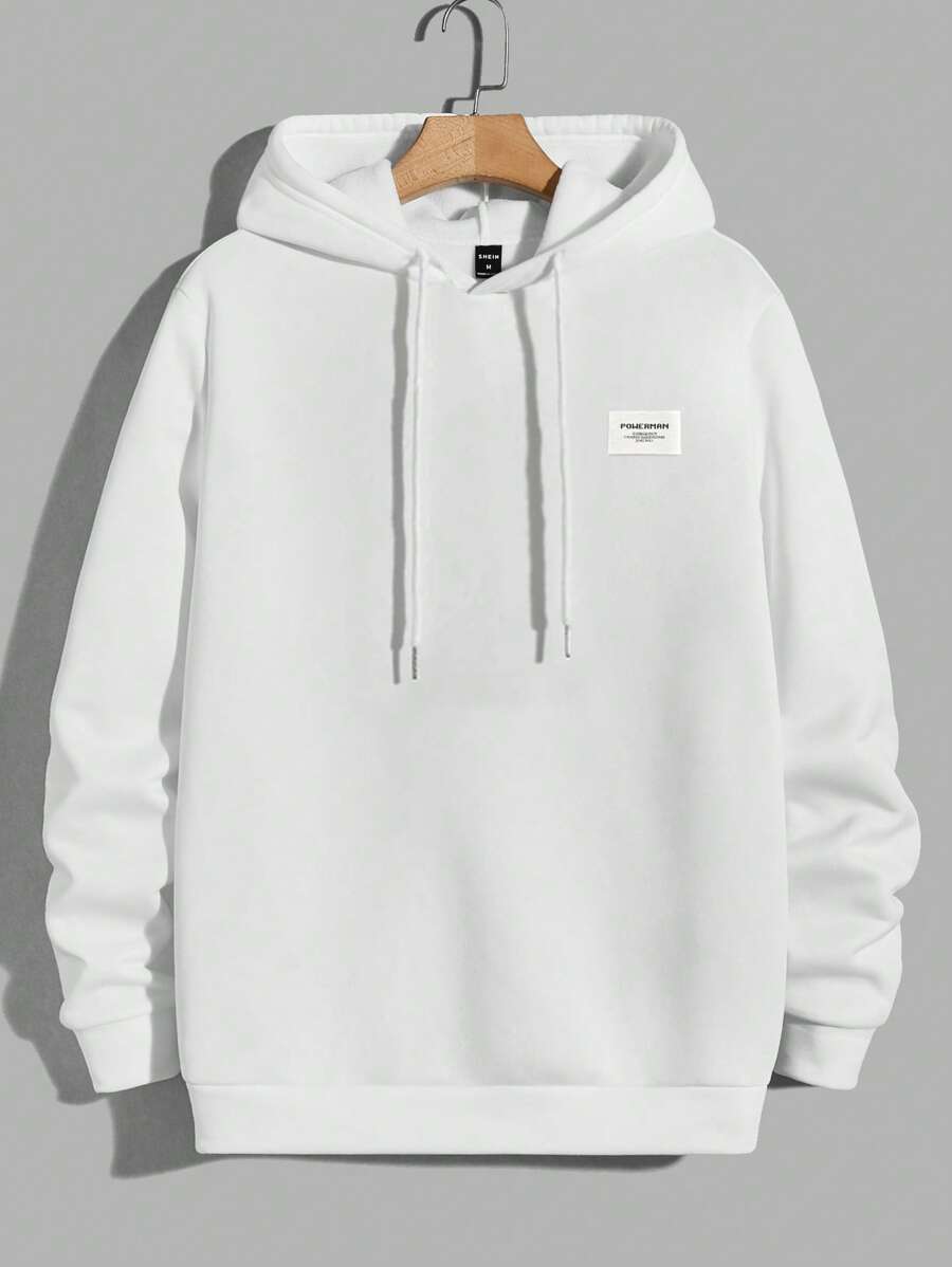 EURMUSE Men Letter Patched Drawstring Hoodie - White - View 1