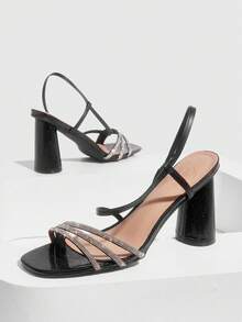 CUCCOO SZL Sandalias de tacón alto sexy para mujer con decoración de rhinestones y tacón grueso cuadrado 2025 - Negro - Ver 4