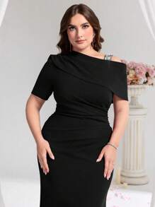 Coutiva Plus Size Asymmetrical Beaded Embellished Formal Evening Gown, Party Dress, For Wedding Guest