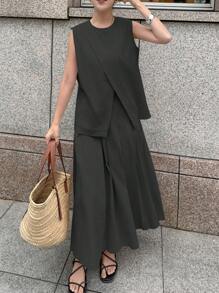 FRIFUL 2 件套女式无袖短款上衣和高腰开叉裙，假日复古风亚麻套装 - 深灰色 - 查看 6