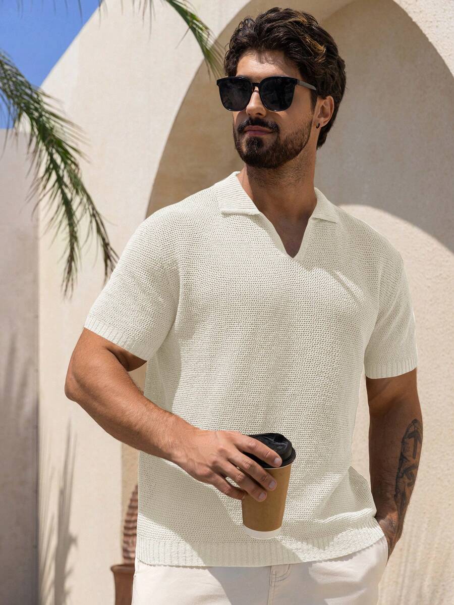 DAZY Men's Solid White Textured Knit Short Sleeve Shirt, Summer - White - View 1