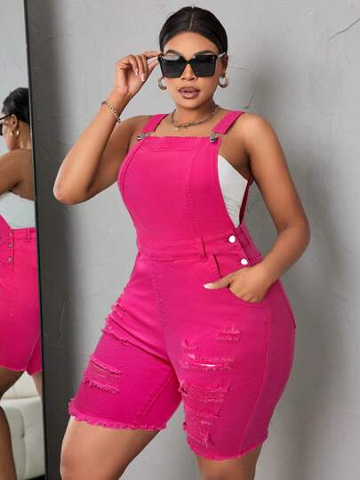 SHEIN SXY Plus Size Solid Color Pocket Distressed Bib Overall Jumpsuit