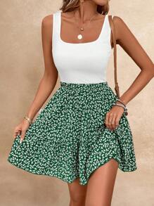 SHEIN Frenchy 夏季假期女士花卉图案无袖 A 字形收腰连衣裙 Bridgerton、太阳裙 - 綠色 - 查看 4