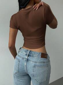 SHEIN BASICS Áo thun nữ tay ngắn cổ chữ V màu trơn đơn giản - màu nâu - Xem 2