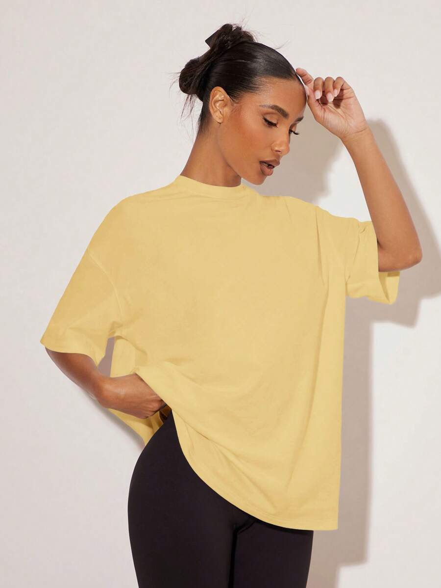 SHEIN BASICS 女士休闲简约纯色圆领落肩短袖T恤,夏季 - 黃色 - 查看 1