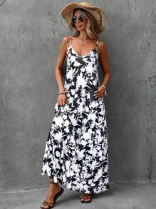EMERY ROSE Women's Sleeveless V-Neck Full Print Casual Long Dress, Summer - Black and White - View 5