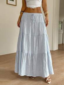 SHEIN EZwear Falda larga a rayas azules y blancas para mujer, adecuada para vacaciones de verano - Azul y blanco - Ver 5