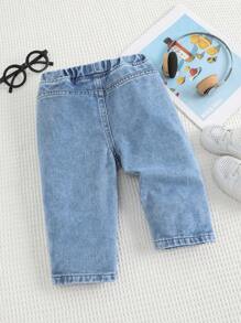 SHEIN Baby Boy Summer Casual Soft Cute Blue Denim Tapered Jeans With Alphabet And Stars Pattern, For Baby Spring/Summer Indoor/Outdoor Wear And Daily Wear - Medium Wash - View 5