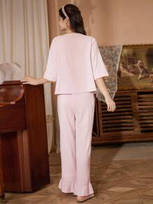 PalaceNights Vintage Royal Elegant Gold Lace Patchwork Women Sleepwear Pajama Set Holiday Season - Pink - View 2