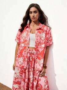 Maija Plus Size Allover Print Short Sleeve Button Down Casual Summer Holiday Shirt