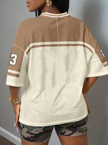 Slaydiva Women's Plus Size Casual Summer T-Shirt, Suitable For Music Festivals, Easter, Western/Boho Style, Birthday Parties, Graduation, Daily Wear, Vacations, Cruise Travel, Beach, Sunbathing. Features: Simple, Sporty, Streetwear, Letter/Number Print, Camo, Colorblock Stripe, Mesh, Loose Fit Suitable For Going Out