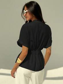 Aloruh Áo cánh tay ngắn cổ chữ V tối giản màu trơn cho nữ - màu đen - Xem 2