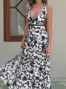 Swim Oasis New Arrival Black & White V-Neck Bow & Floral Print Swimsuit Skirt 2 Pieces Set With Mesh Skirt, Premium Beach Summer Outfit For Women - Black and White - View 3