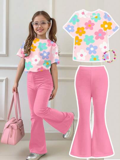 SHEIN Conjunto informal de 2 piezas para niña preadolescente con camiseta de manga corta holgada con estampado de flores de dopamina minimalista y pantalones de pierna ancha, ropa adecuada para el verano