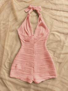 Soleia Women's White Wavy Textured Knit V-Neck Tie Front Romper, Fitted, For Beach Vacation, Party, Date, Afternoon Tea Dress Swimsuit Beach Club Outfit Halter Swimsuit One Piece Swimsuit - Pink - View 2