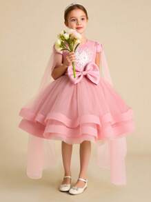 SHEIN Short Sleeve Young Girls Tulle Lace Applique Bow Decor Dress With Cap Sleeve, Cute Outfit For Piano Recital, Runway, Birthday Party, Wedding Season - Dusty Pink - View 1