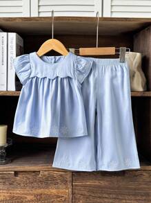 SHEIN 2pcs/Set Baby Girl Toddler/Newborn 0-3 Years Spring/Summer Casual Vacation Outfits Cap Sleeve Blouse And Loose Pants Set, Ice Silk Fabric - Blue - View 1