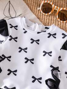 Baby Girl Cute Bow Print Ruffle Long Sleeves One-Piece Swimsuit - Black and White - View 3