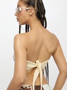 SUMWON WOMEN Handmade Sunshine Studio Lemonade Bandeau Summer Crop Top Retro Beach Surf Vacation Y2K Crop Festival Cotton Jersey Tank Tie Back - Apricot - View 2