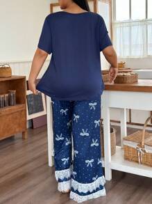 SHEIN Conjunto informal de 2 piezas de pantalones cortos con camisa de manga corta, con lentejuelas en forma de gato, lunares y lazo, de tela de seda de leche suave y confortable, de talla grande y corte holgado