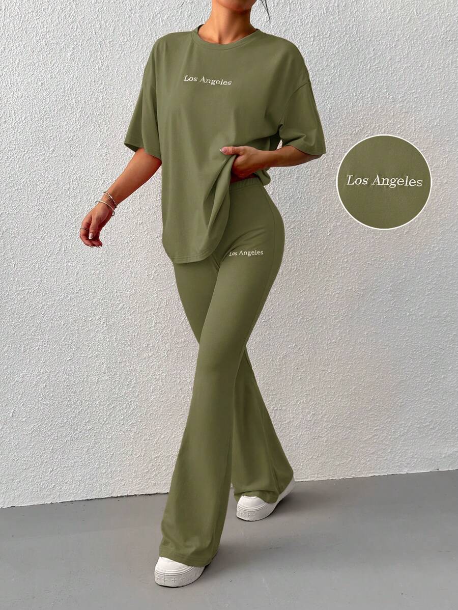 SHEIN EZwear 女式落肩字母刺绣T恤和喇叭裤套装 - 軍綠色 - 查看 1