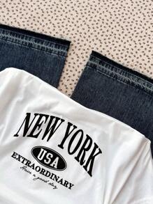 SHEIN 少女春夏休闲运动 T 恤，短款长度，肩部镂空，字母印花，白色，返校季 - 白色 - 查看 3