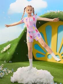 Teletubbies X SHEIN Tutina da pigiama corta con maniche corte, comoda e casual, con stampa a cartone animato, per ragazze adolescenti, colore viola