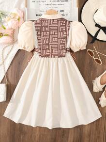 Tween-Mädchen Puffärmel Blumendruck Patchwork Lässiges Minikleid für den Alltag, vielseitig - Aprikosenfarben - Übersicht 2