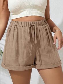 SHEIN VCAY Quần short thường ngày rộng rãi màu trơn buộc eo cho nữ cỡ lớn - Lạc đà - Xem 7