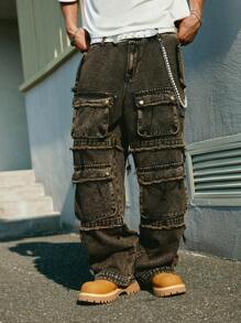 PAVTROS 男士链条装饰牛仔裤，时尚 - 棕色 - 查看 6