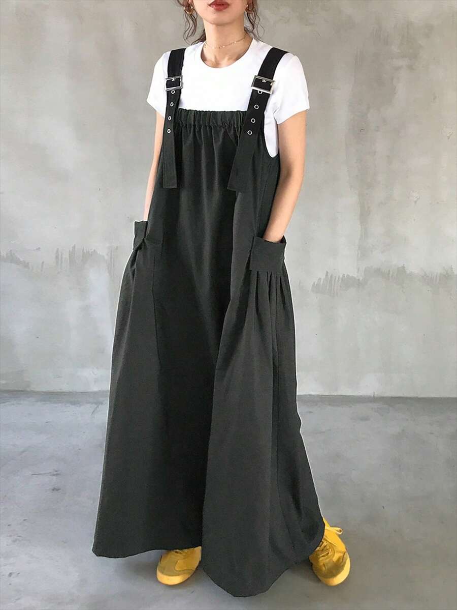 FRIFUL 女士黑色长吊带连衣裙，春季女士连衣裙 - 深灰色 - 查看 1