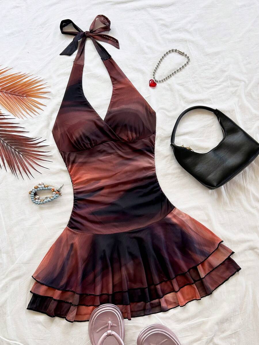 Soleia 扎染露背 V 领褶饰网眼浪漫迷你连衣裙，适合节日、约会之夜、情人节、下午茶